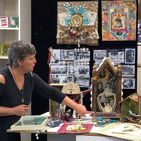 Judy Gula sharing her mixed media art and quilts at the March 2019 Judy's Altered Minds meeting