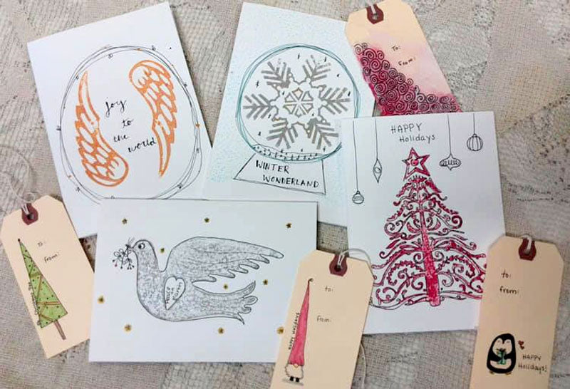 Block printed cards with sketching created by Celia Middleton