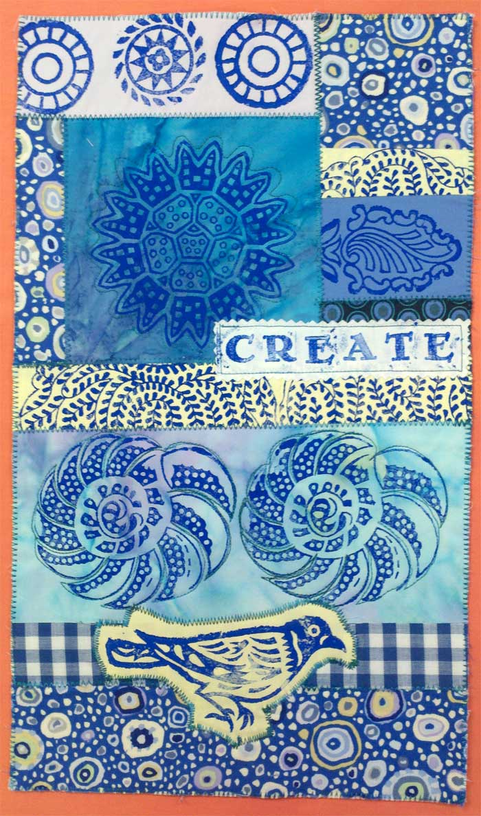 Block printed art quilt-let by Judy Gula of Artistic Artifacts