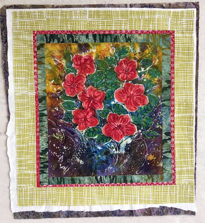 Medium Hari Agung floral panel art quilt ready for quilting and then binding