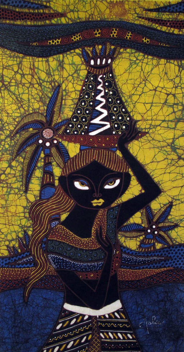Batik Panel by Jaka, Woman with Tempale Offering on Gold