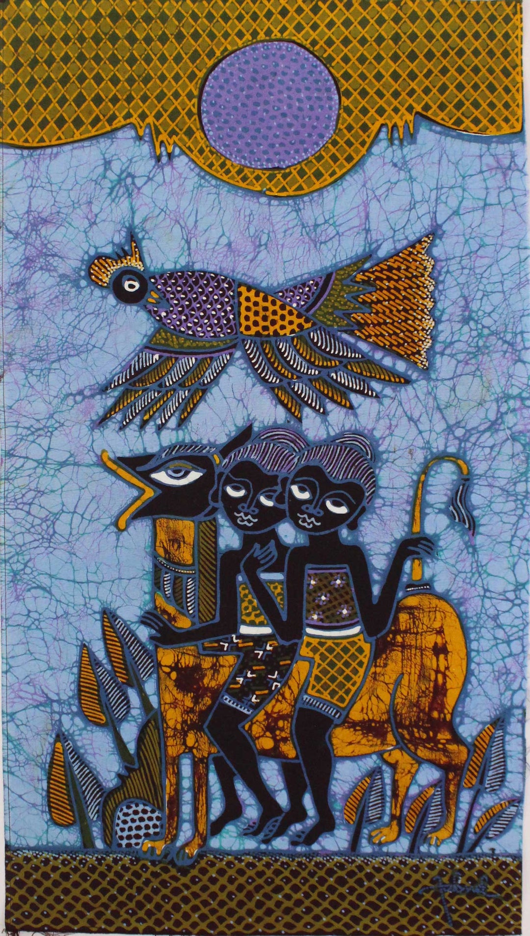 Batik Panel by Jaka, Two woman on horse on Blue, Mini Long