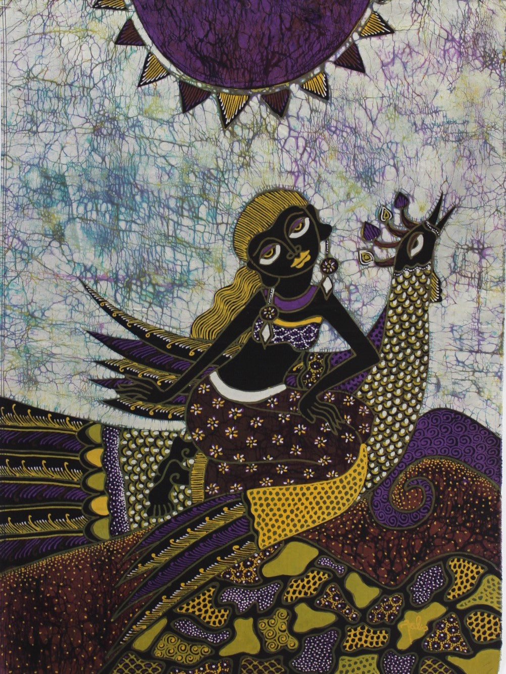 Batik Panel by Jaka, Woman Flying Bird Medium on White Background