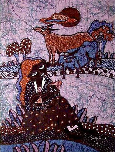 Batik Panel by Jaka, Woman & Child in Fields
