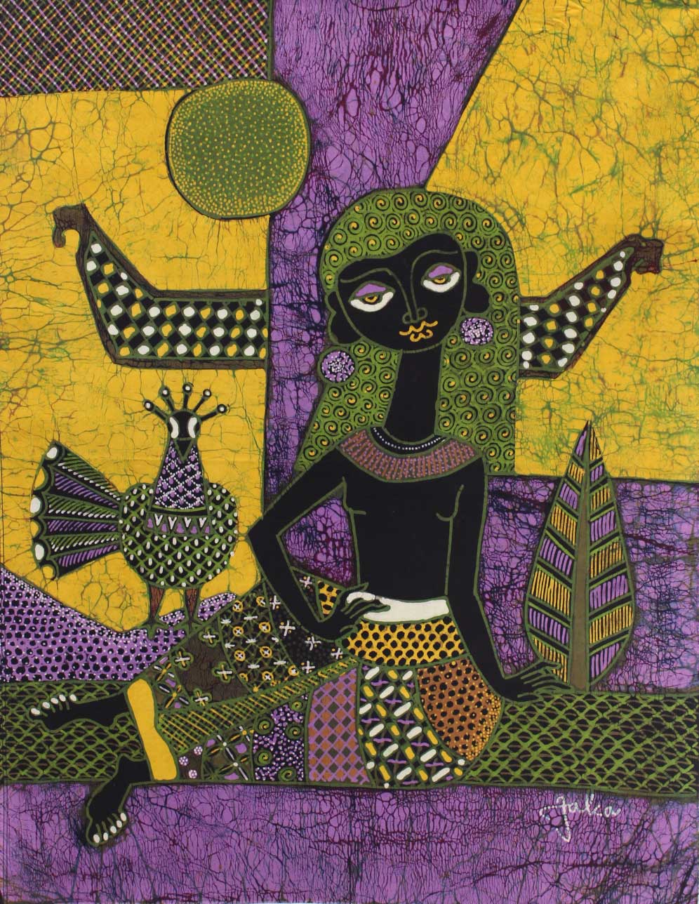 Batik Panel by Jaka, Woman Sitting with Peacock