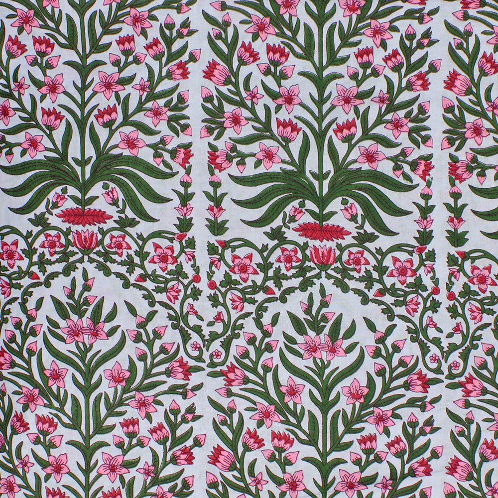 Handmade Block Printed Fabric from India (Pink Flowers)
