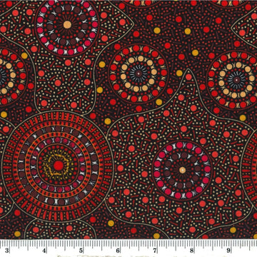 Red and brown patterned fabric with circular designs.