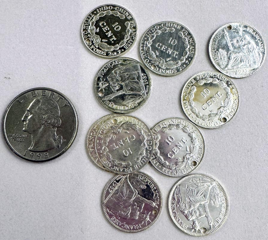 Drilled Small Silver Coins from Thailand, pk of 10
