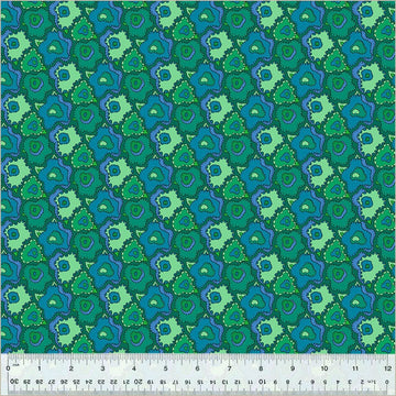 Green and blue patterned fabric with ruler, 54303D-5-1.