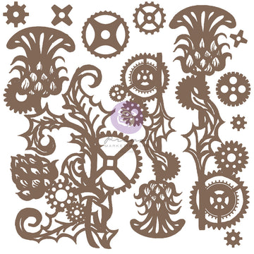 Brown die-cut floral and gear shapes on white background.