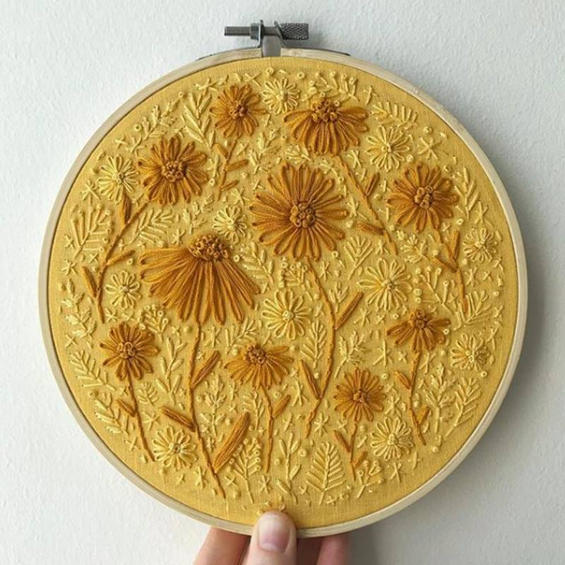 DMC yellow gold hoop flower embroidery art