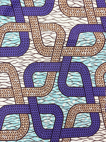 Geometric pattern of woven purple and tan shapes.