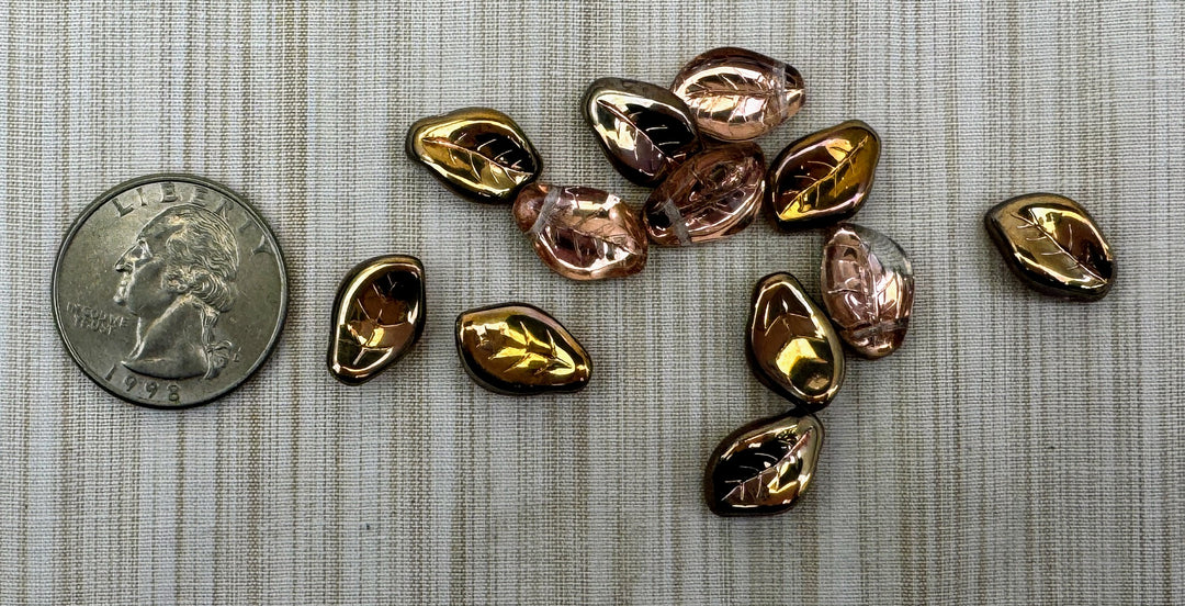 Glass Beads, 14/9mm bronze Olivine leaves