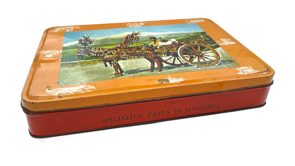 Vintage rectangular tin with illustration of a horse-drawn cart.