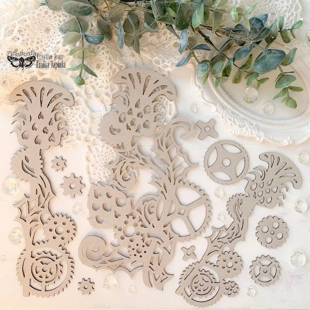 Mechanical Thistle wood cutouts with gears and floral elements