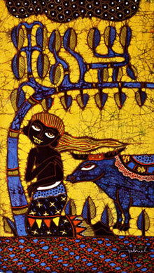 Batik Panel by Jaka, Child & Sacred Cow on Gold, Mini Long