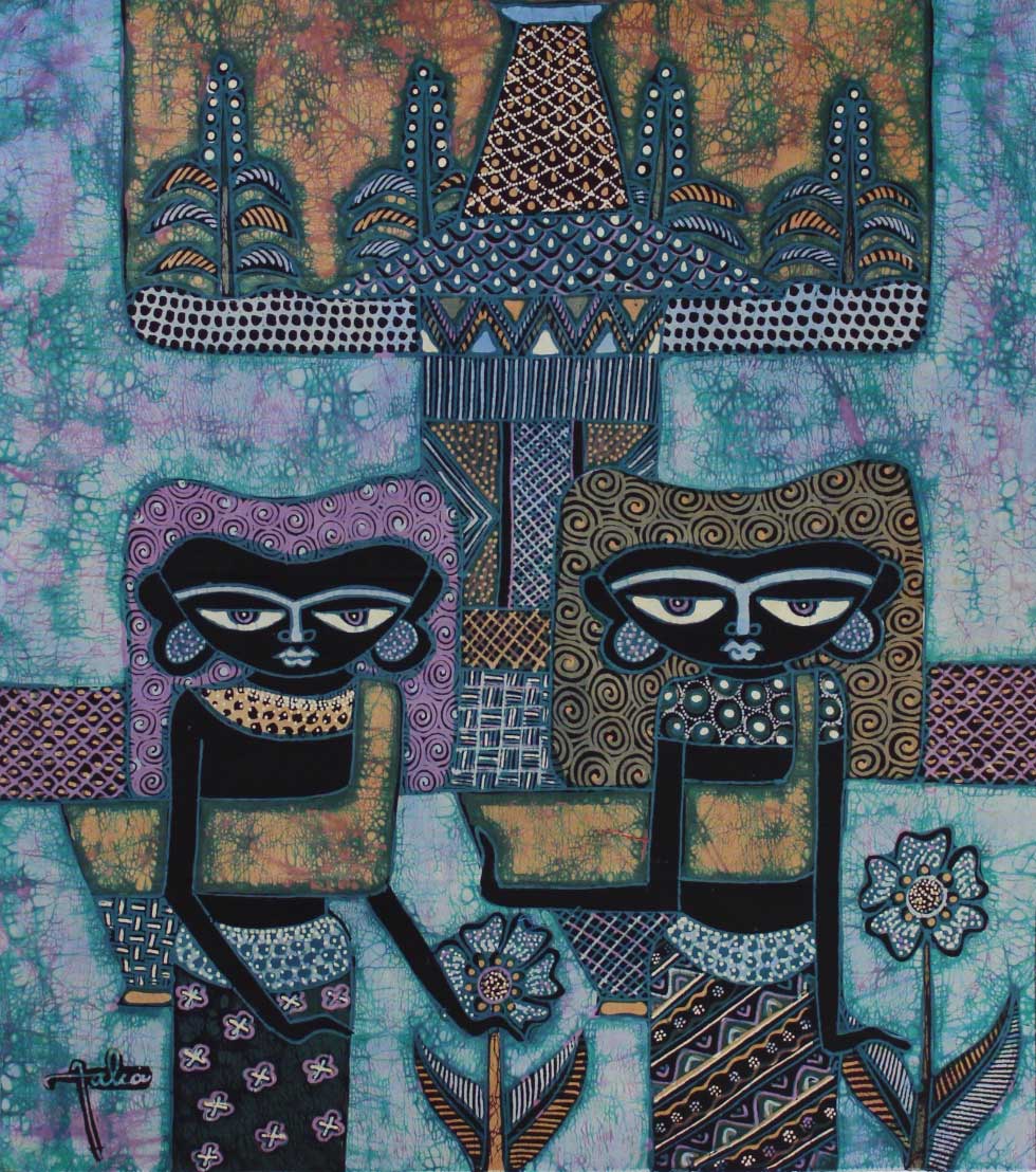 Batik Panel by Jaka, Two Woman, Medium on Blue