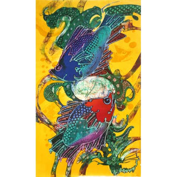 Batik Panel by Bambang Dharmo, Two Fish on Yellow
