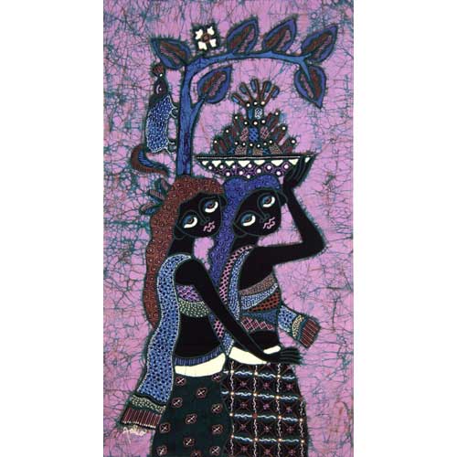 Batik Panel by Jaka, Two Women with Tree on Purple