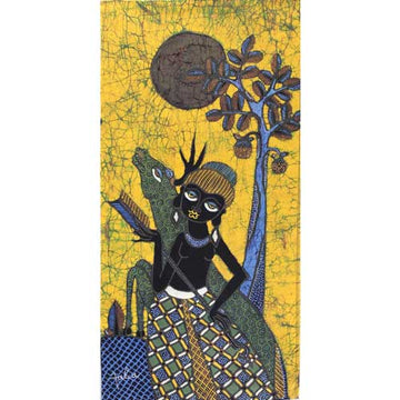 Batik Panel by Jaka, Huntress with a Bow on Gold, Mini Long