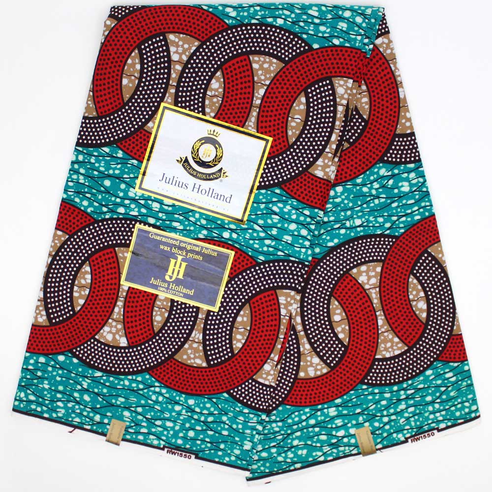 Julius Holland Dutch Wax Print Fabric, Teal with linked circles