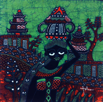 Batik Panel by Jaka, Woman with Headdress on Green, Mini