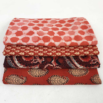 4 piece Full Yard Bundle, Rust and Red Block Printed Indian Cotton