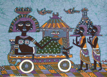 Batik Panel by Jaka, Queen with Servants on Blue