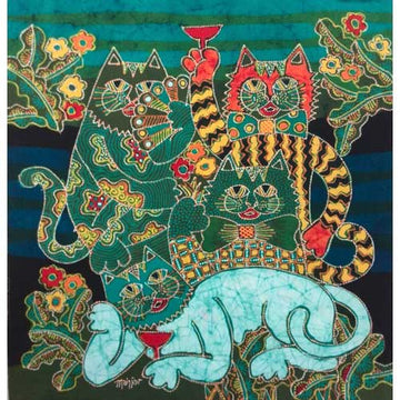 Batik Fabric Panel by Mahyar, Four Cats with Cocktails (small)