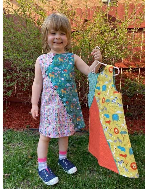 Two dress versions of the Geo Dress, Tunic & Leggings pattern by Olive Ann Designs