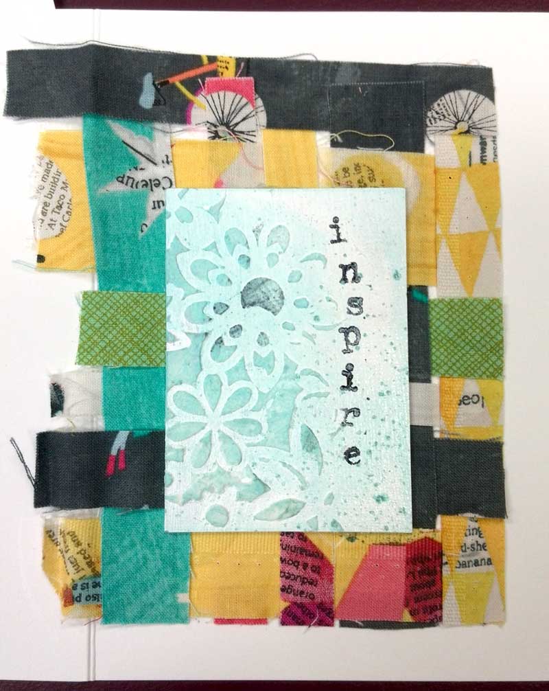 Inspire greeting card by Judy Gula using woven fabric strips and Artist Trading Cards