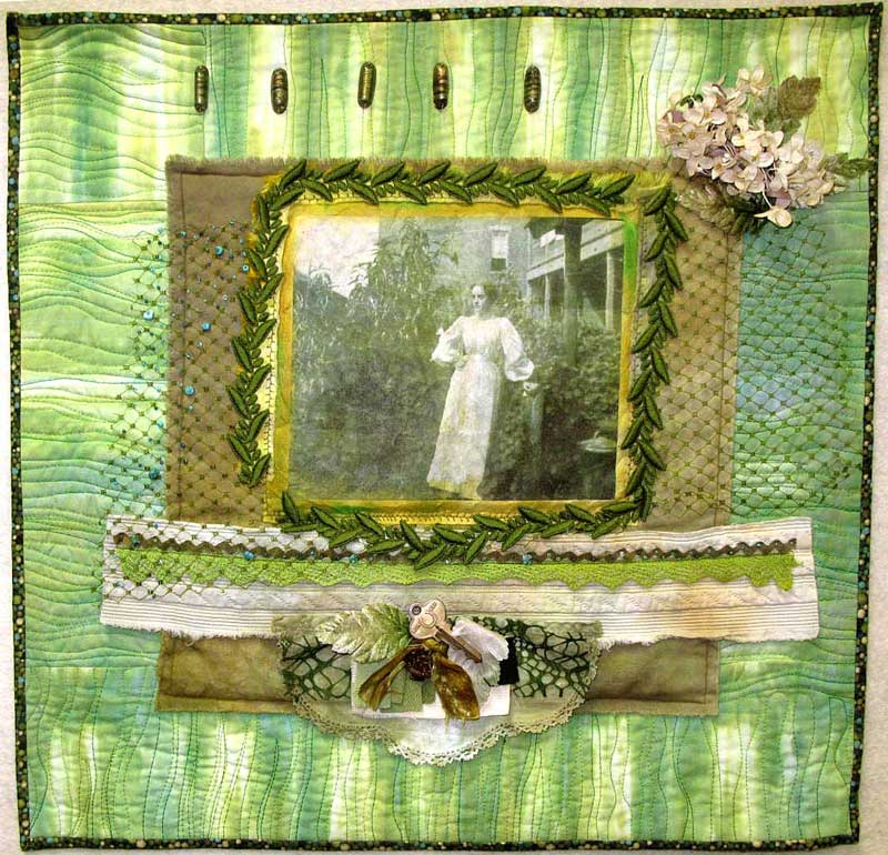 The Lady in the Garden, an art quilt by Judy Gula using hand-dyed and vintage materials
