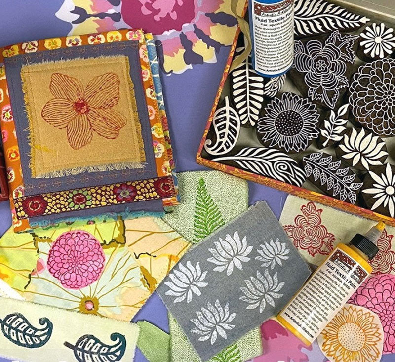 Hand carved wooden printing blocks and Artistic Artifacts textile paints