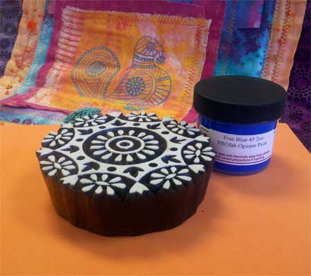 March Printed Fabric Bee prize: wooden printing block, textile paint and foam printing mat
