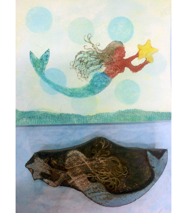 Mermaid stamped using a wooden printing block colored with Gelatos