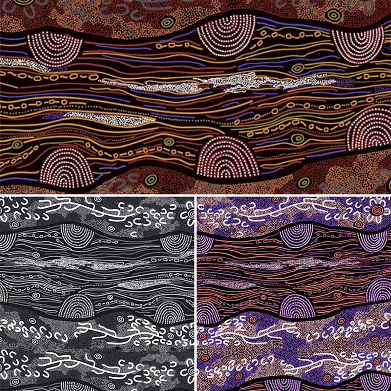 Sandy Creek by Janet Long Nakamarra, available in yellow, black and purple