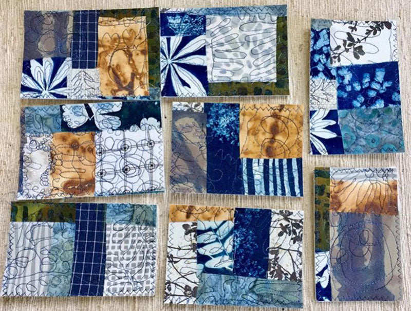 First time fabric postcards by Susan, the top left was sent to Judy Gula of Artistic Artifacts