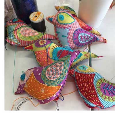 Felt and fabric birds embellished with hand stitching using WonderFil Specialty Threads