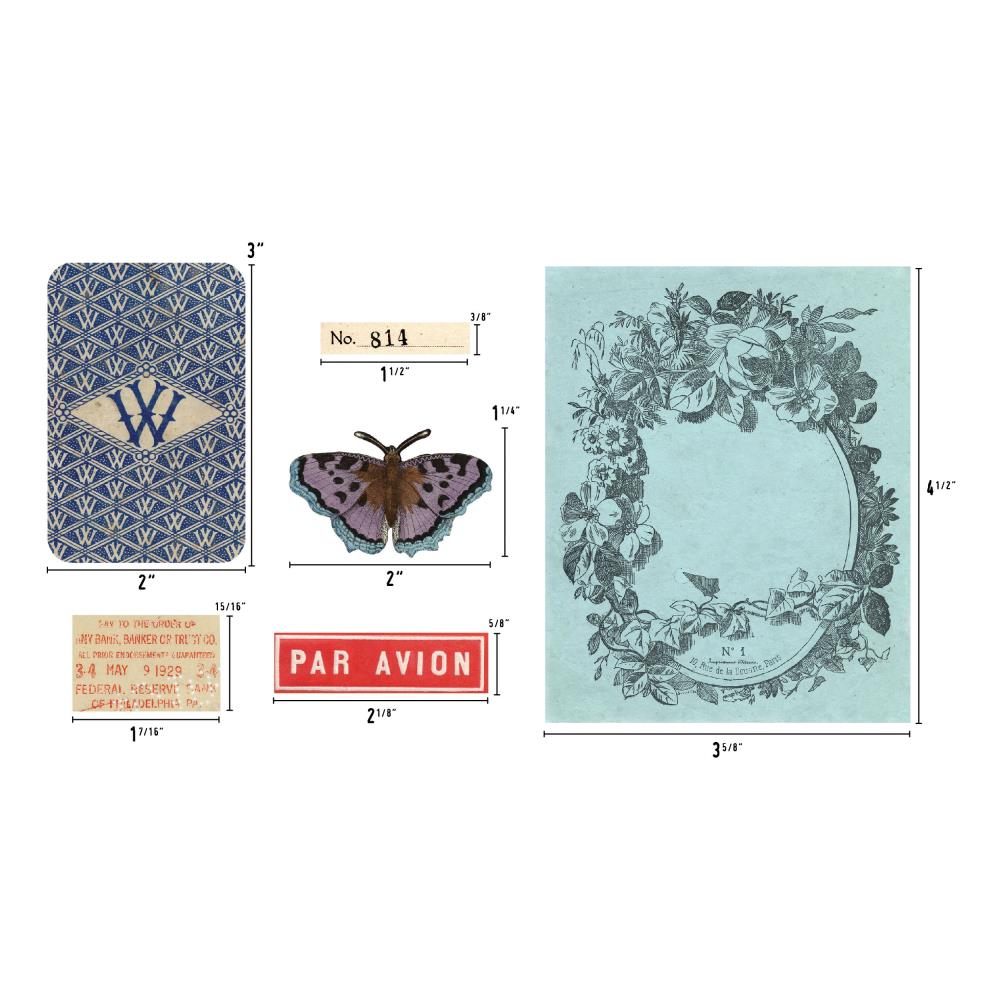 Various vintage ephemera including a butterfly and floral wreath.