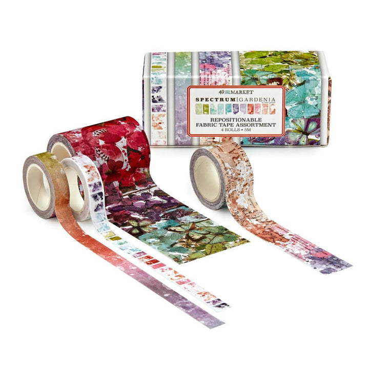 Washi tape rolls with floral and patterned designs.