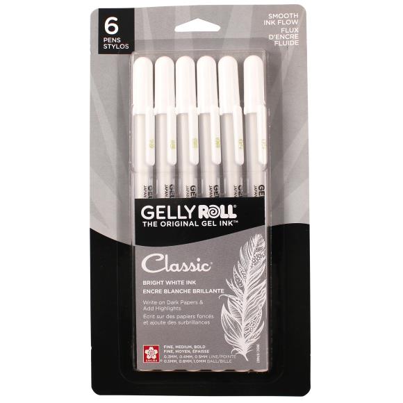 Package of six white gel pens.