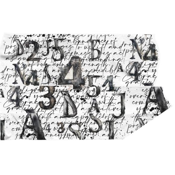 Black and white patterned fabric with numbers and script.