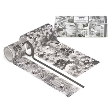 Black and white floral decorative tape rolls and box.