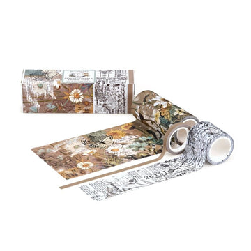 Washi tape rolls and box with floral and vintage designs.
