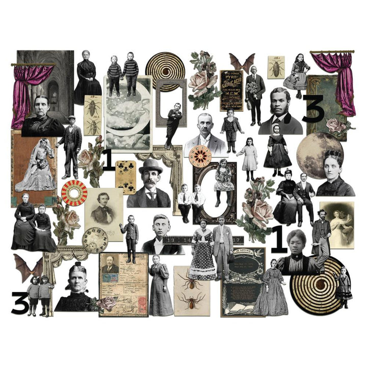 Collage of vintage black and white images and decorations.