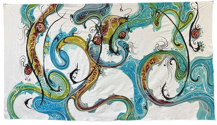 Sarong, White with Color Swirls, Hand Drawn Tulis