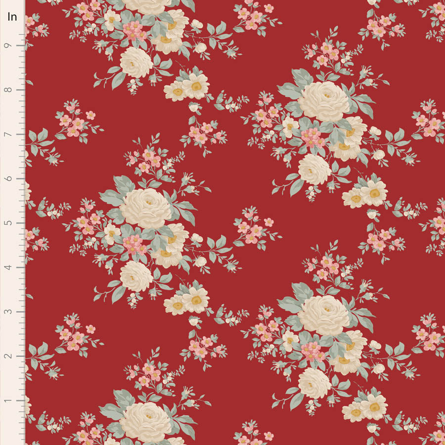 Carol Burgundy floral fabric, 10 inch repeat.