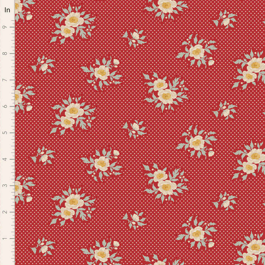 Red floral fabric with white polka dots, 10-inch, Joy Red