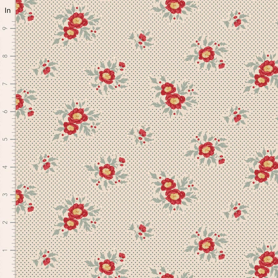 floral pattern with red flowers and polka dots.