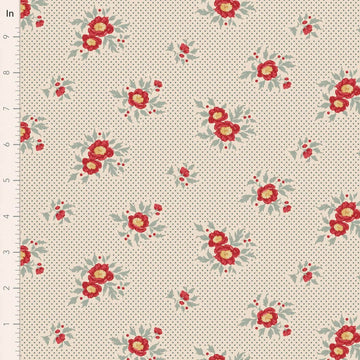 floral pattern with red flowers and polka dots.